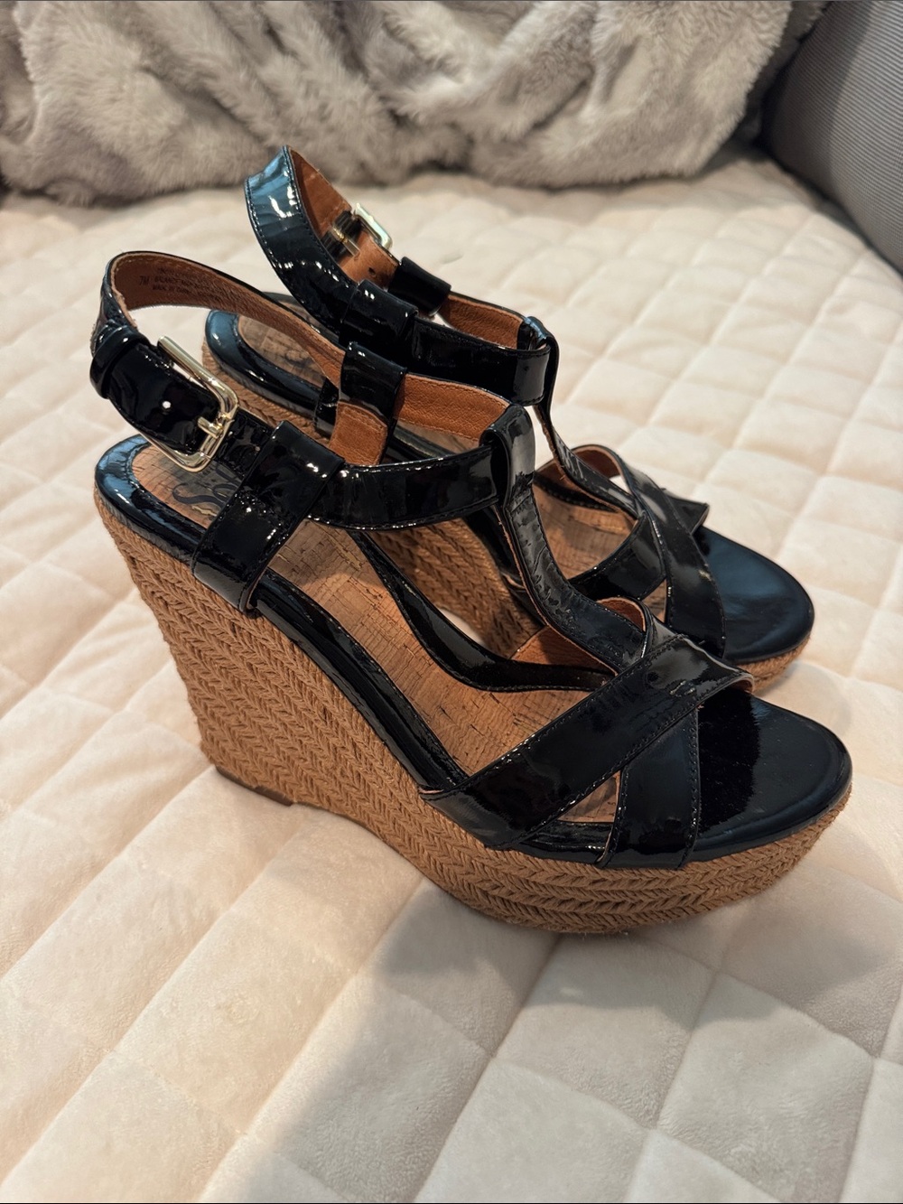 Patent Leather Black Wedge Sandals with Braided Platform
